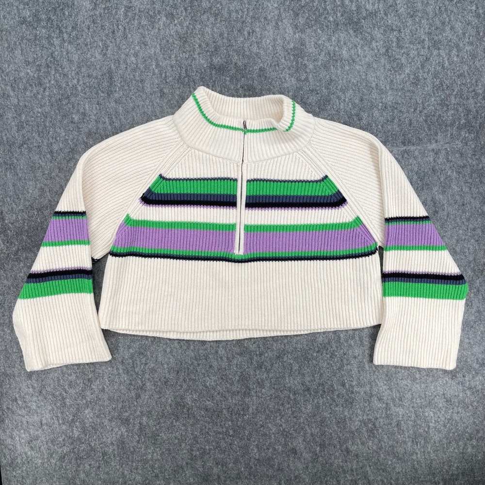 Free People Sweater Womens Small Striped Greta 1/2 Zip Cropped White New